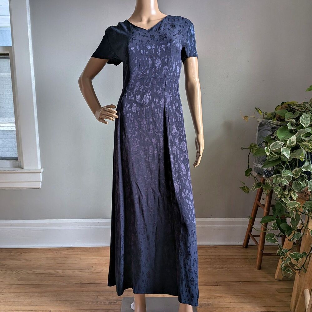 Vintage 90s Laura Ashley Dark Blue Floral Maxi Dress Cottagecore Size 4